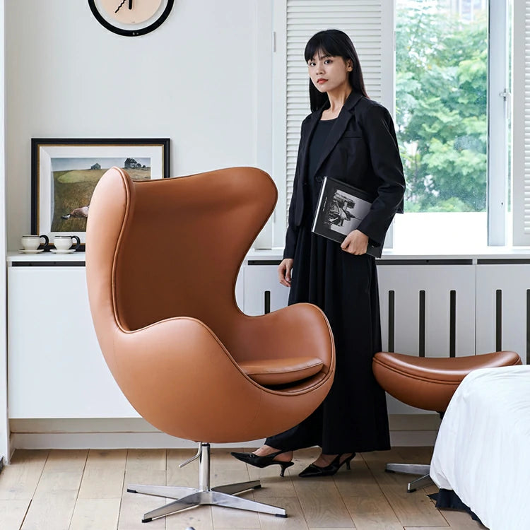2. Arms Included Chair Egg Shape Chair for Living Room, Leather Brown, Satin Polished Aluminium