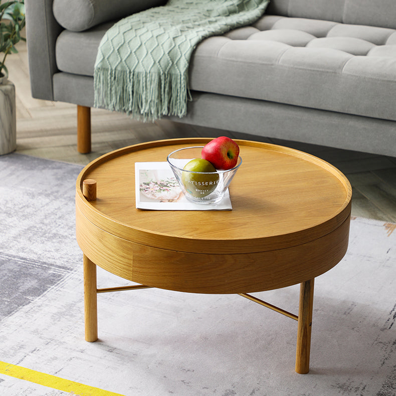 Modern Round Wood Rotating Tray Coffee Table with Storage & Metal Legs in nature