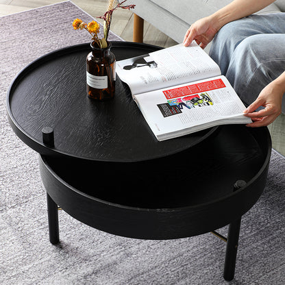 Modern Round Wood Rotating Tray Coffee Table with Storage & Metal Legs in black