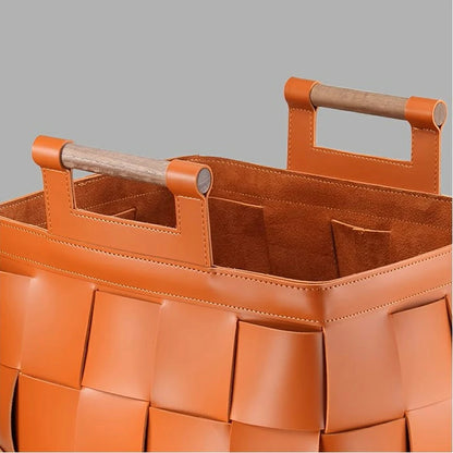 LUXURY LEATHER BASKET  WITH HANDLES， Leather Basket, Woven Storage Basket