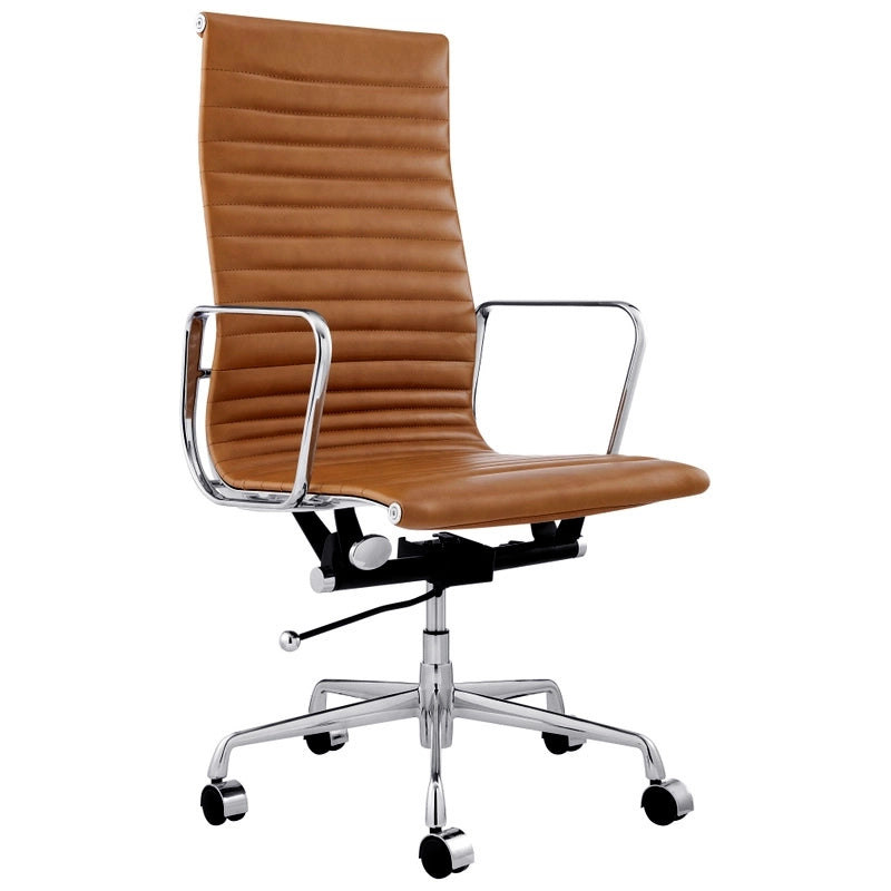 Eames Office Chair Replica Thin High Back Chrome Frame-Tan Leather